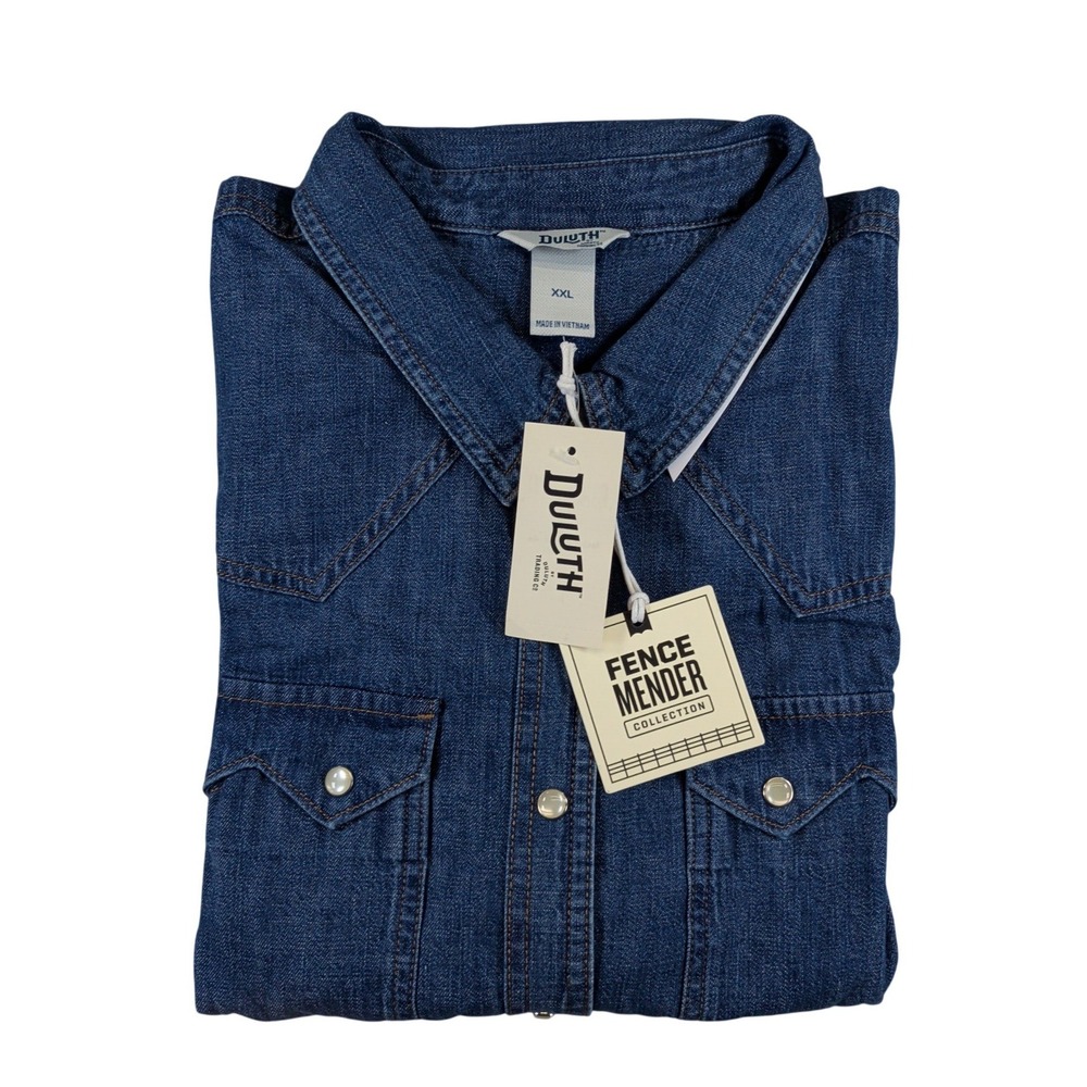 Duluth Trading Co Fence Mender Denim Western Shirt XXL Blue Pearl Snap 72904